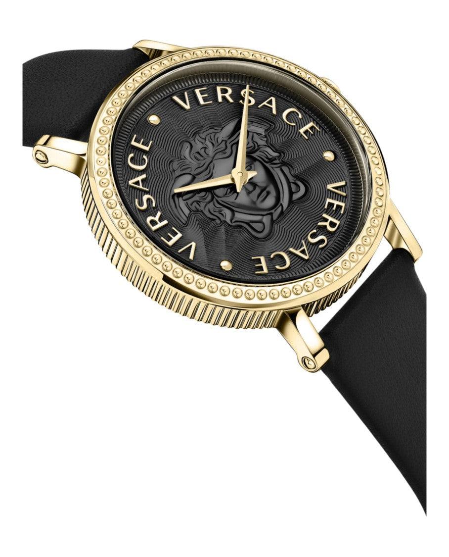 Versace V-Dollar Black Guilloche Dial Watch With Yellow Gold Case