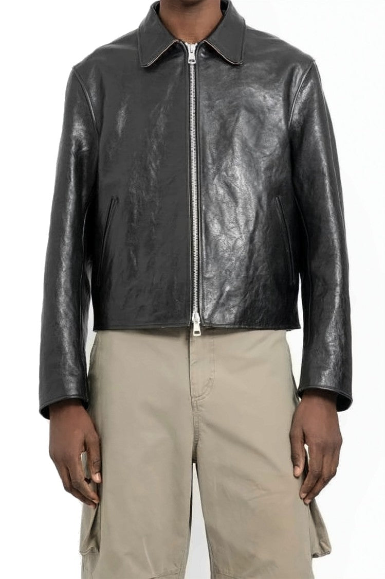 Our Legacy Cropped Leather Jacket With Classic Collar And Minimalist Design