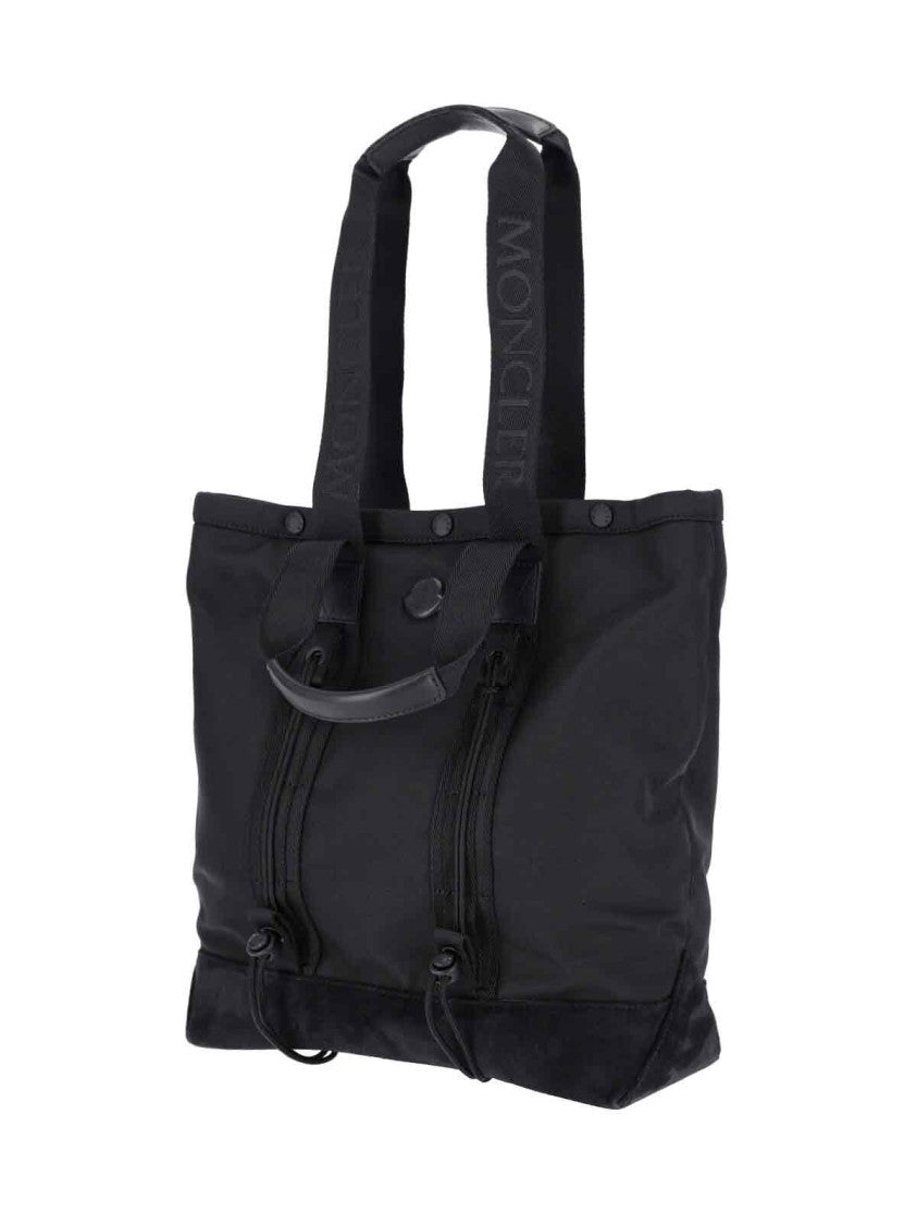 Moncler Compact Black Water-Repellent Tote With Leather Accents And Jacquard Logo