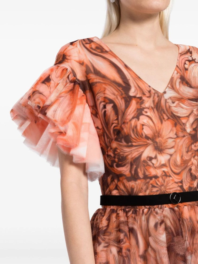 Saiid Kobeisy Tulle Printed Dress With Pleated Sleeves