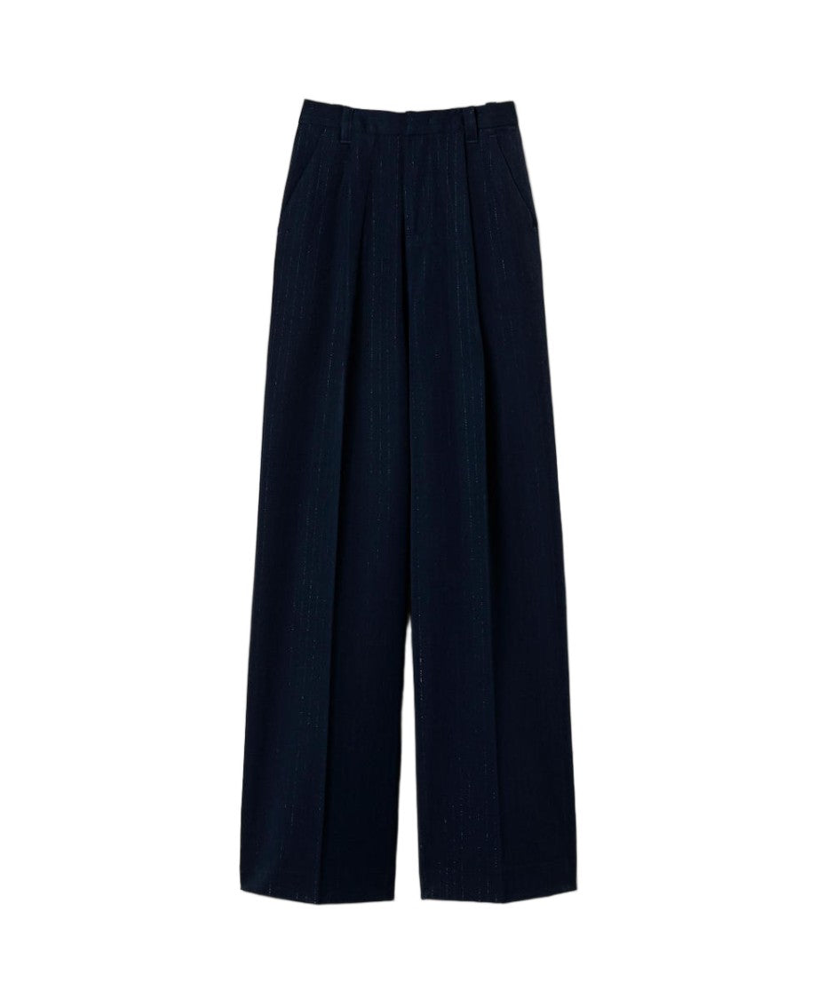 Twin-Set Indigo Lurex Pinstriped Front-Pleat Wide-Leg Pants