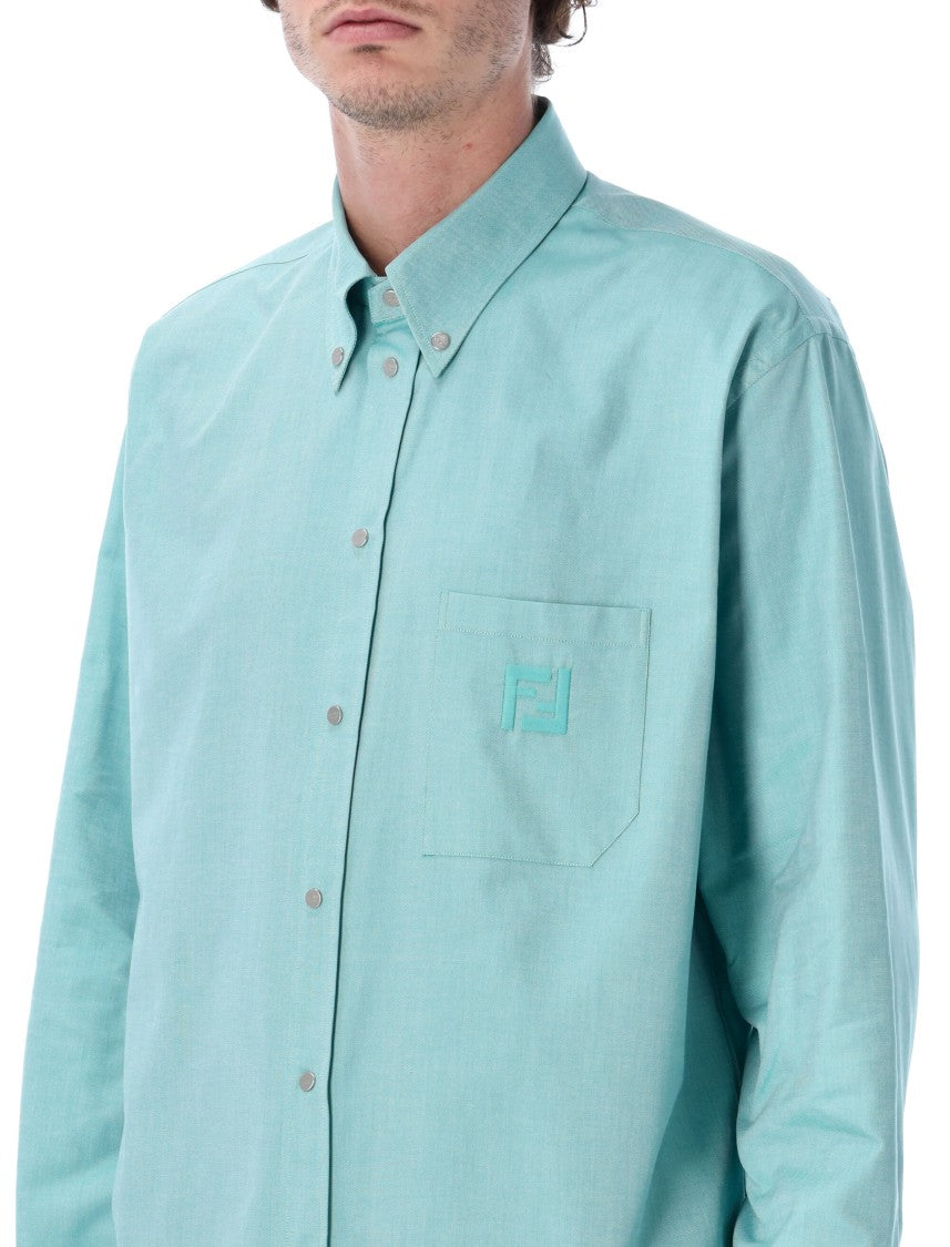 Fendi Comfort Fit Turquoise Cotton Oxford Shirt