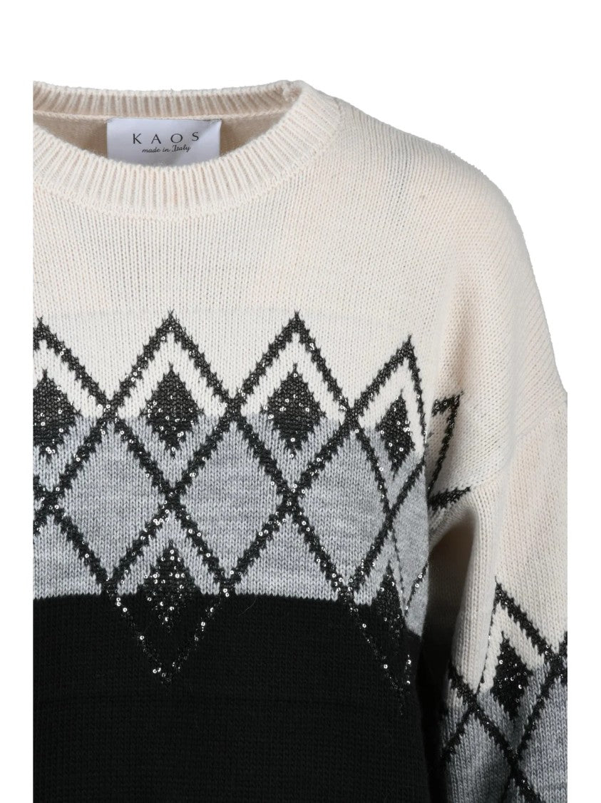 Kaos Crew Neck Mixed Fibre Sweater With Geometric Pattern
