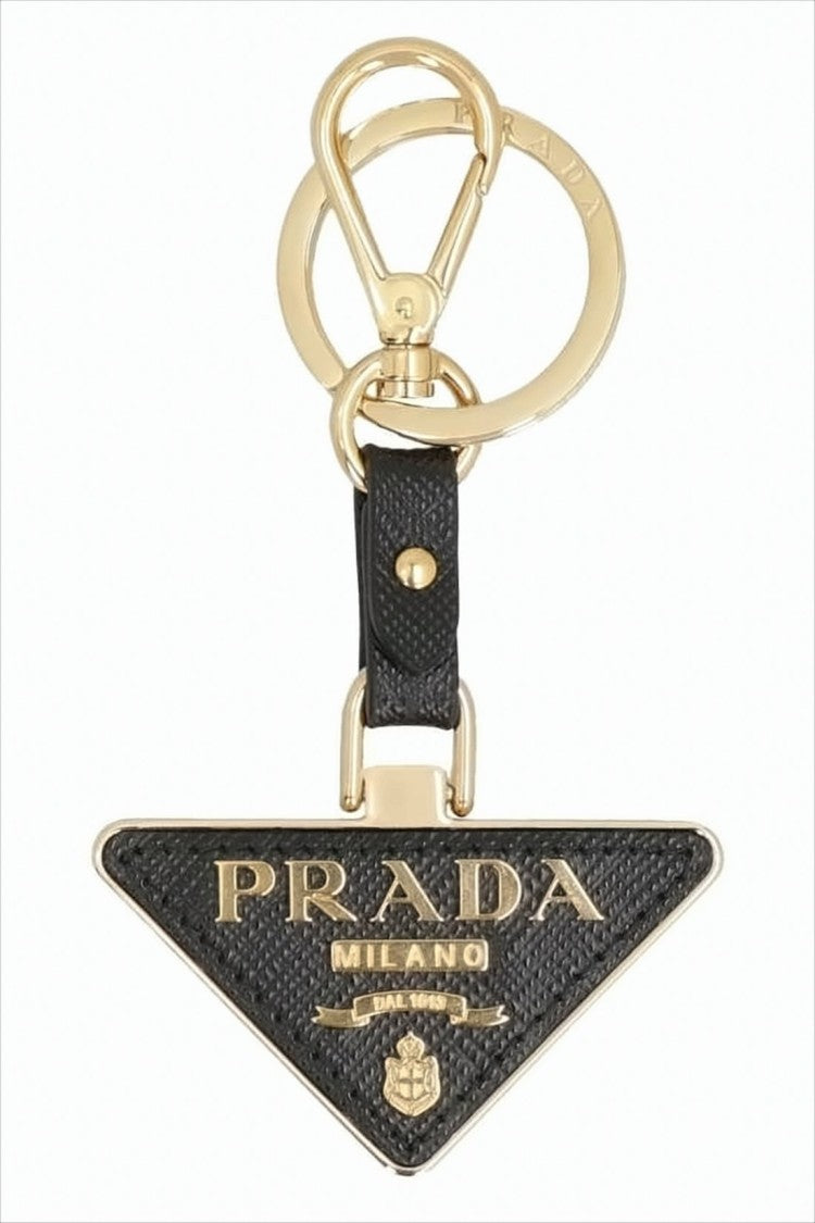 Prada Textured Black Leather Keyring With Gold Accents