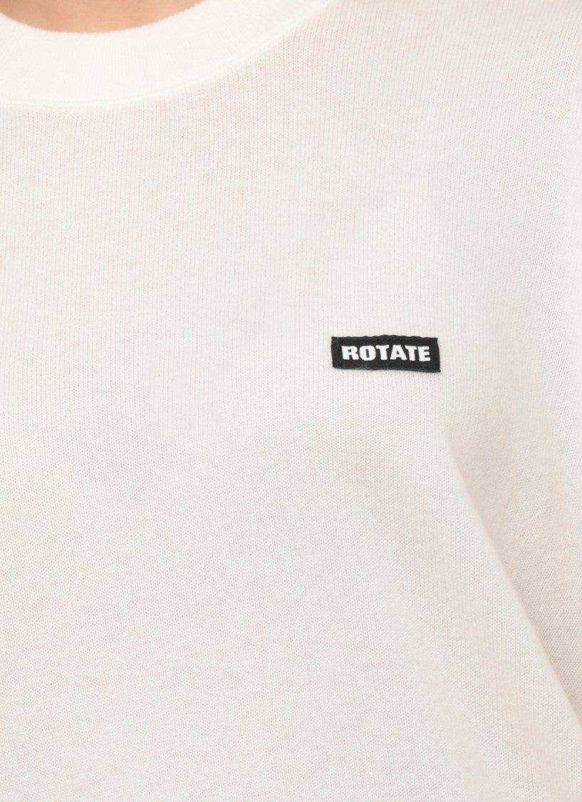Rotate White Round-Neck Ribbed Wool Sweater
