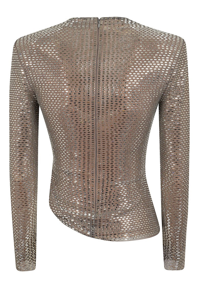 Self-Portrait Charcoal Grey Rhinestone Mesh Wrap Top