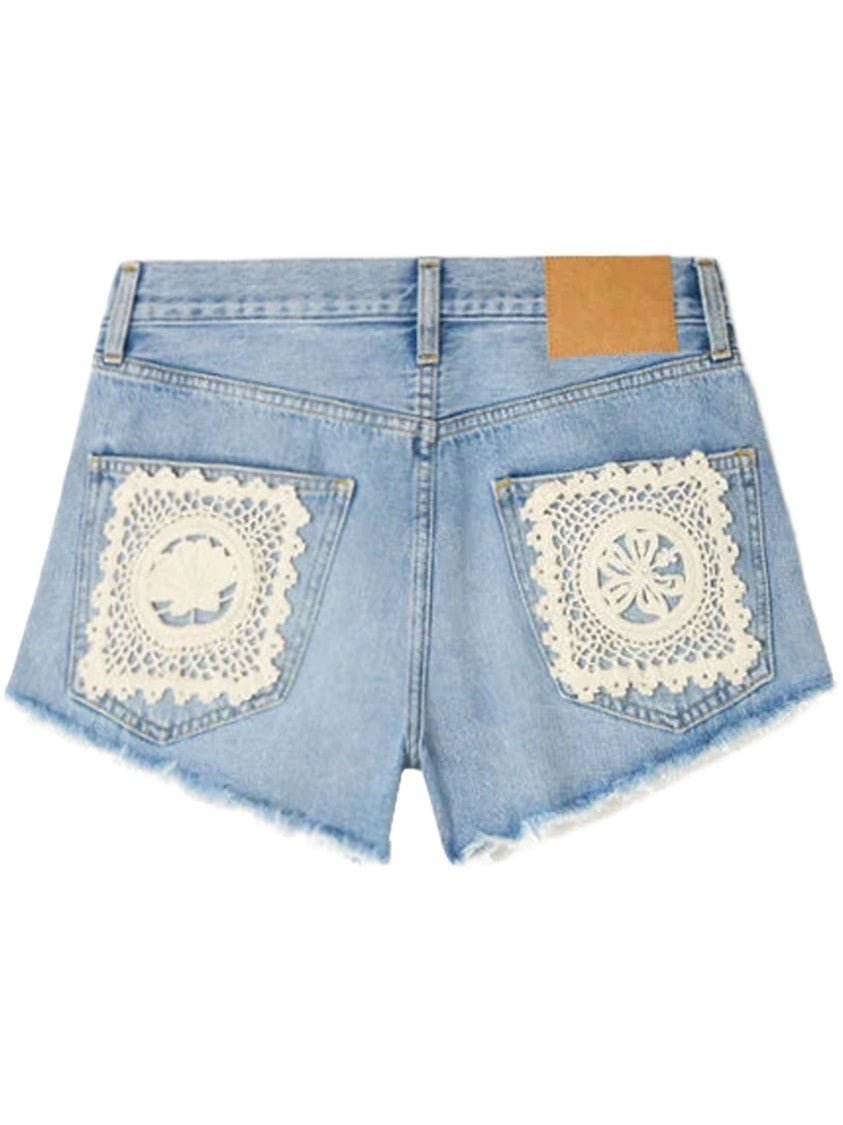 Alanui Island S Diary Light Blue Crochet Lace Denim Shorts