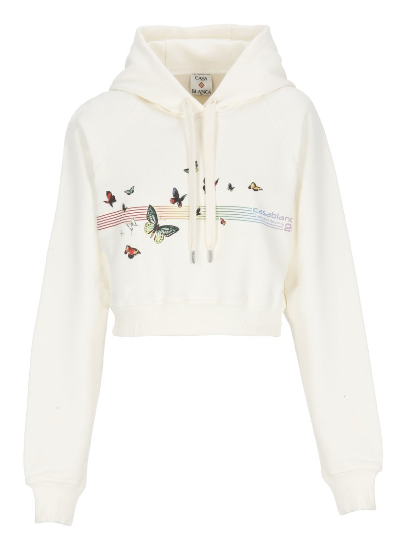 Casablanca Ivory Butterfly Print Crop Hoodie