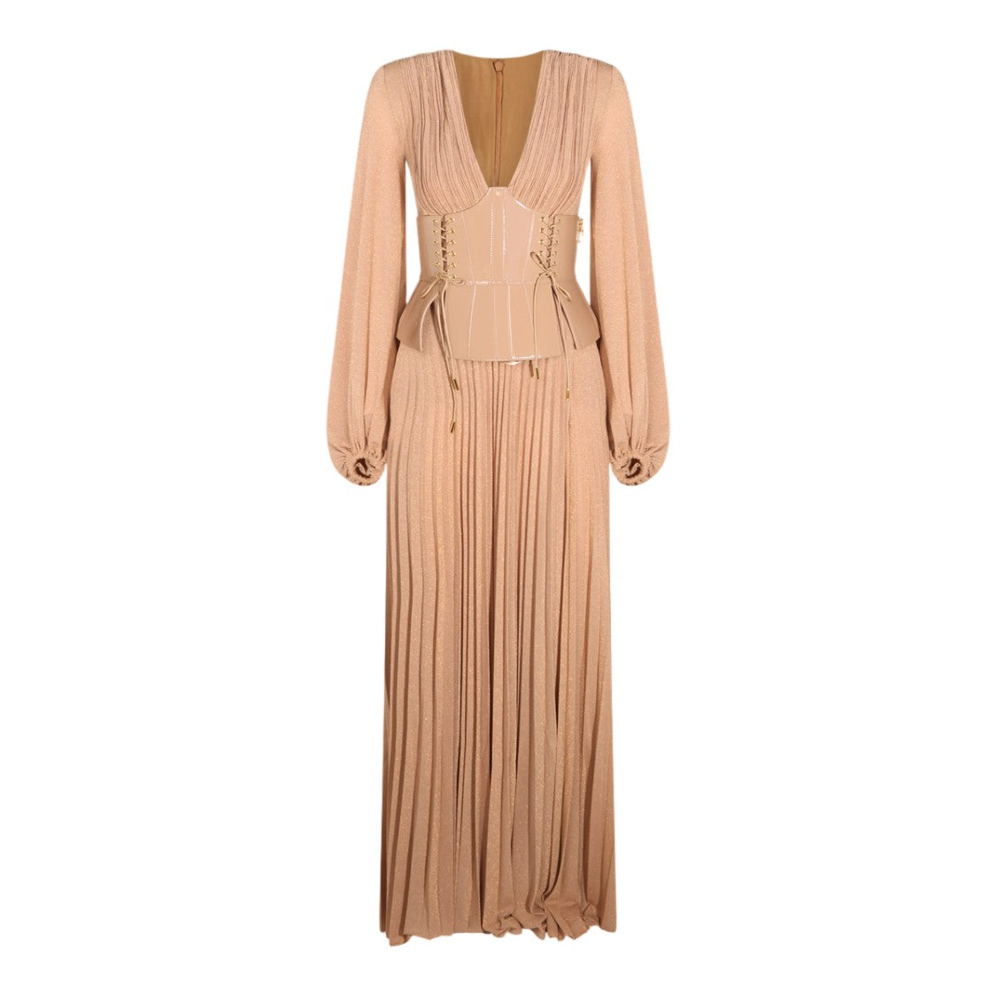 Elisabetta Franchi Maxi Dress With Deep V-Neckline And Corset Waist Detail