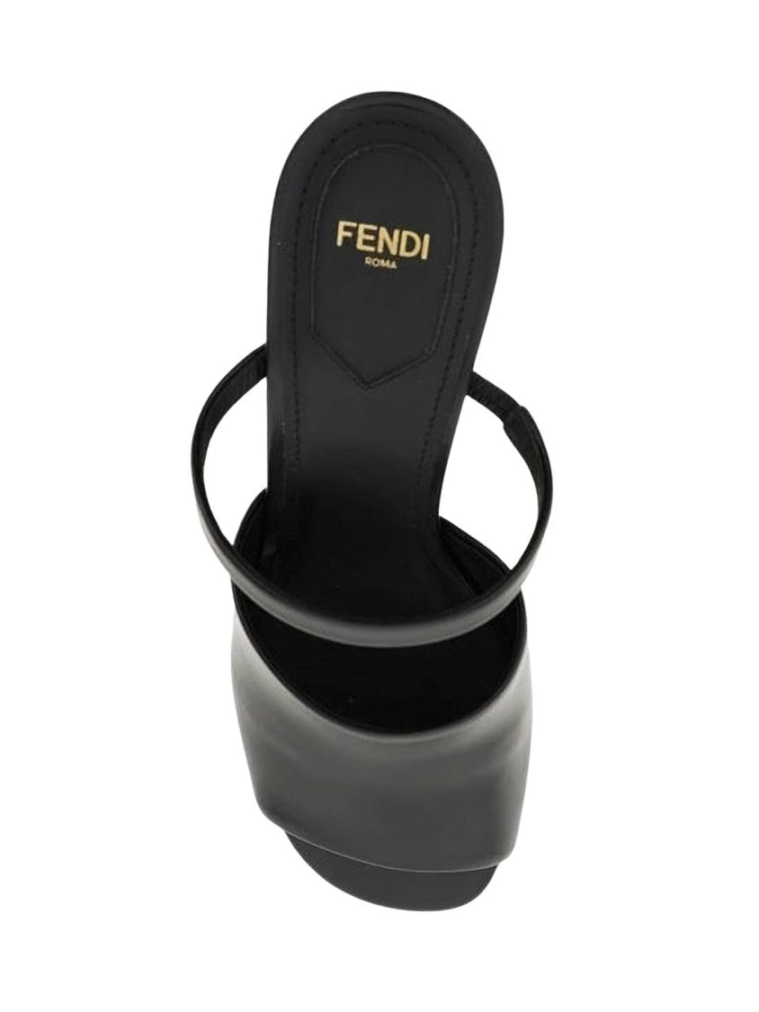 Fendi Sculptural Gold-Heel Black Calf Leather Mules
