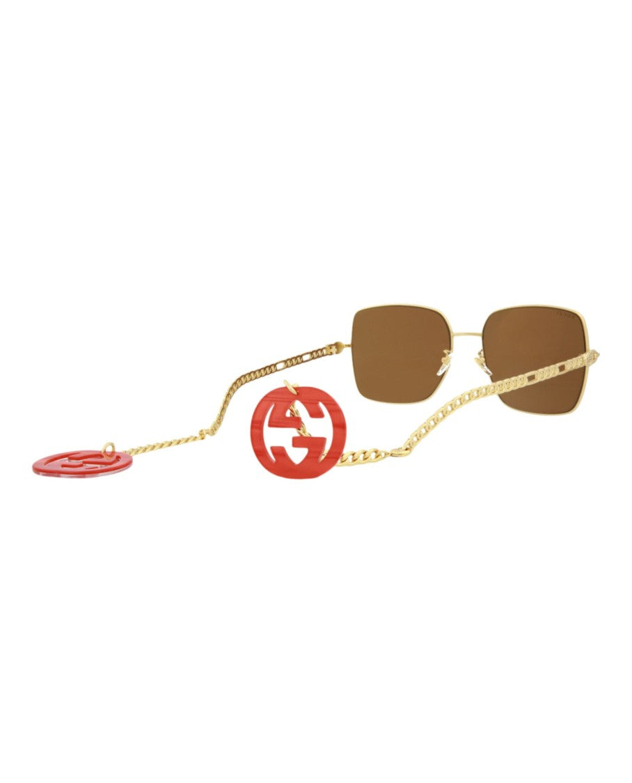Gucci Square-Metal Frame Sunglasses With Chain-Link Temples