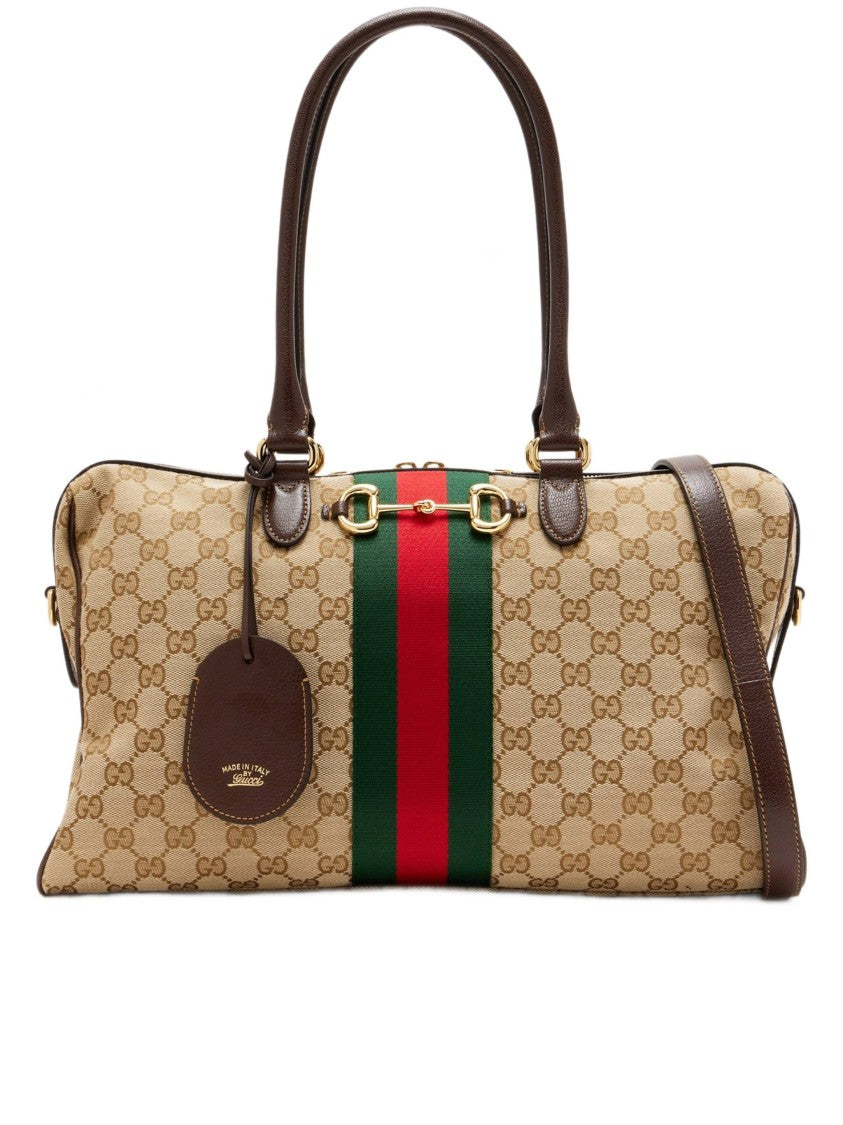 Gucci Beige Monogram Canvas Horsebit Handbag With Elegant Stripe Detail