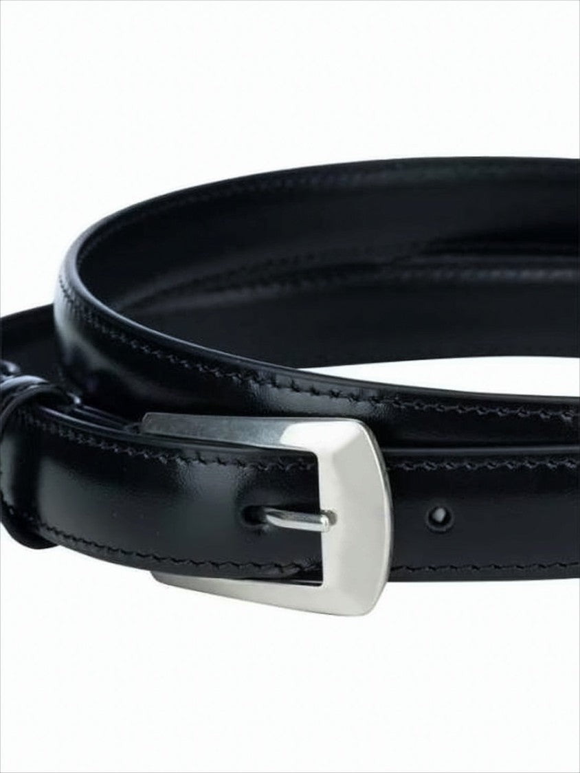 Celine Narrow Black Leather Belt With Rectangular Silver Buckle