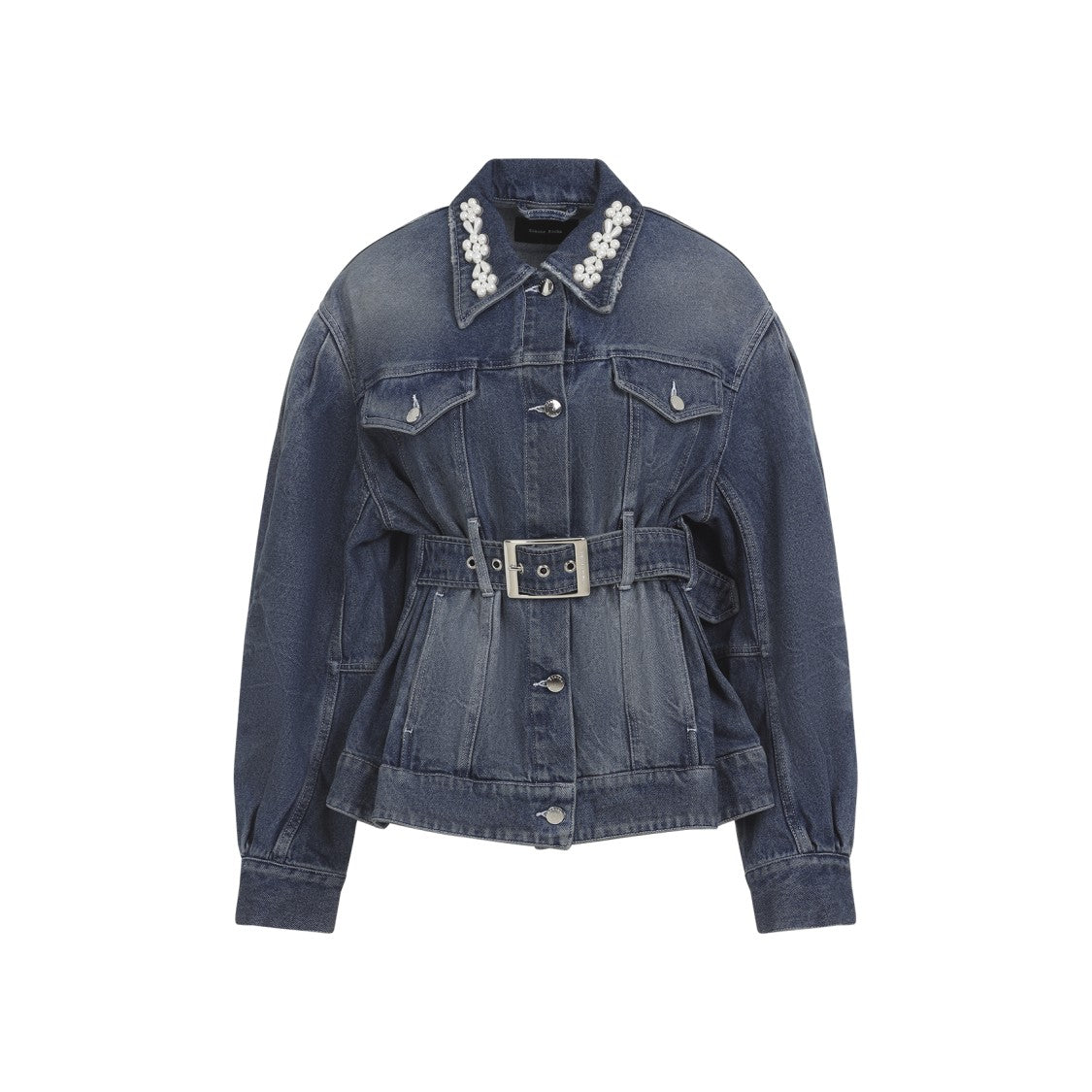 Simone Rocha Dark Denim Jacket With Belted Waist And Pearl Embellishments