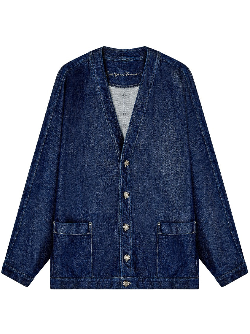 Giorgio Armani Indigo Denim V-Neck Metallic Button Jacket