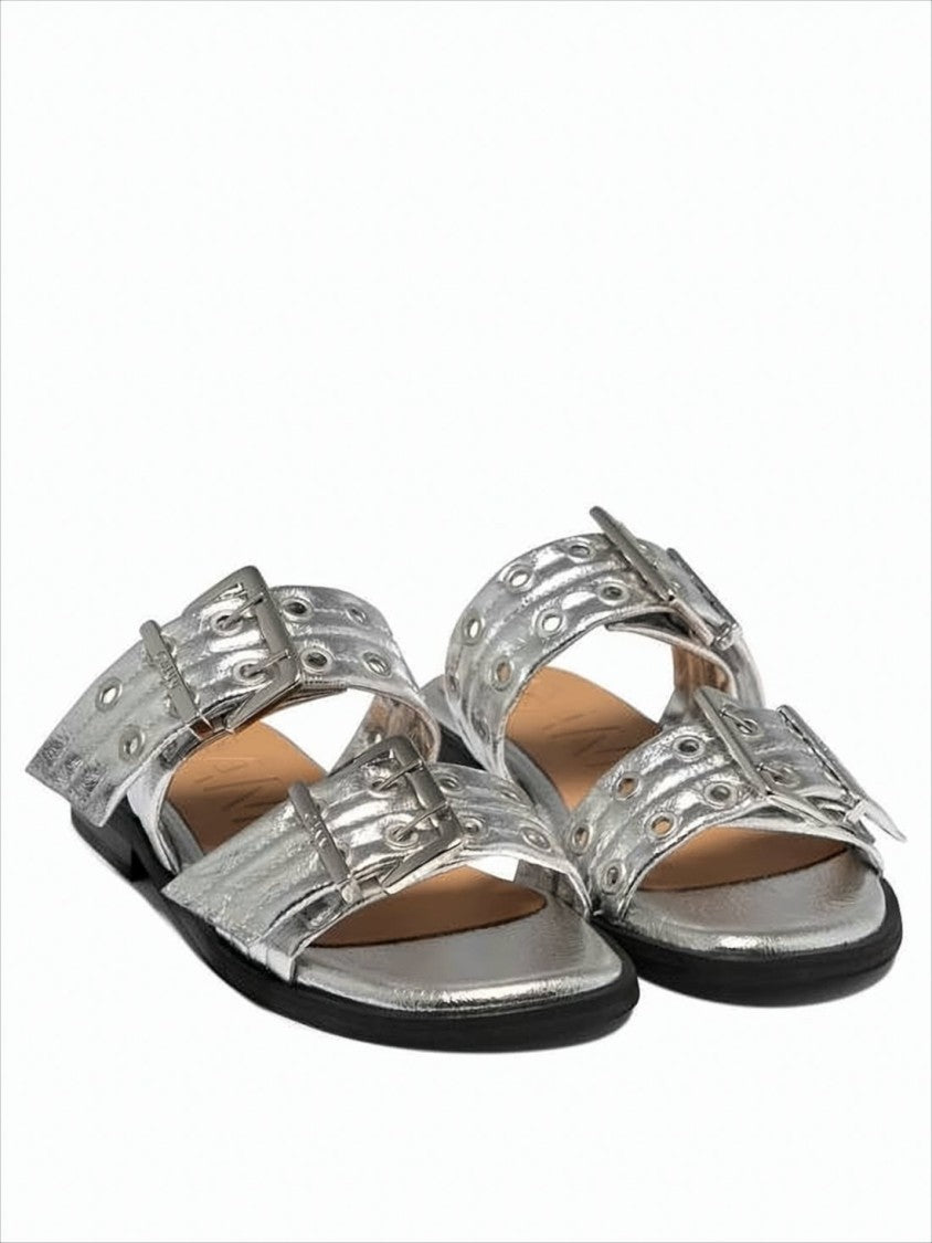 Ganni Metallic Silver Flat Mules With Wide Straps And Buckle Accents