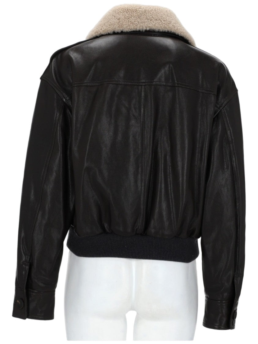 Brunello Cucinelli Cropped Black Nappa Leather Jacket With Shearling Collar