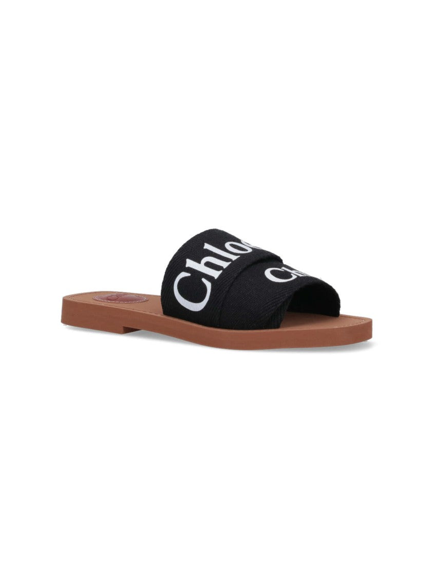 Chloé Black Woody Embroidered Linen Sandal