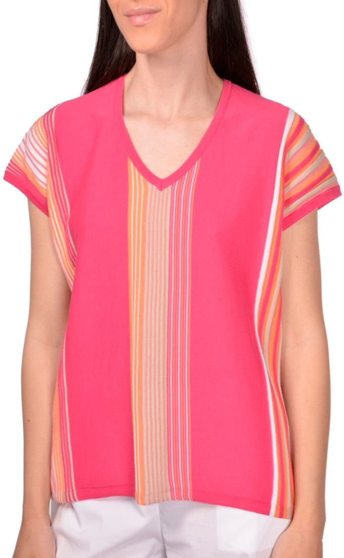 Paolo Fiorillo Capri V-Neck Short-Sleeved Top With Vertical Stripes