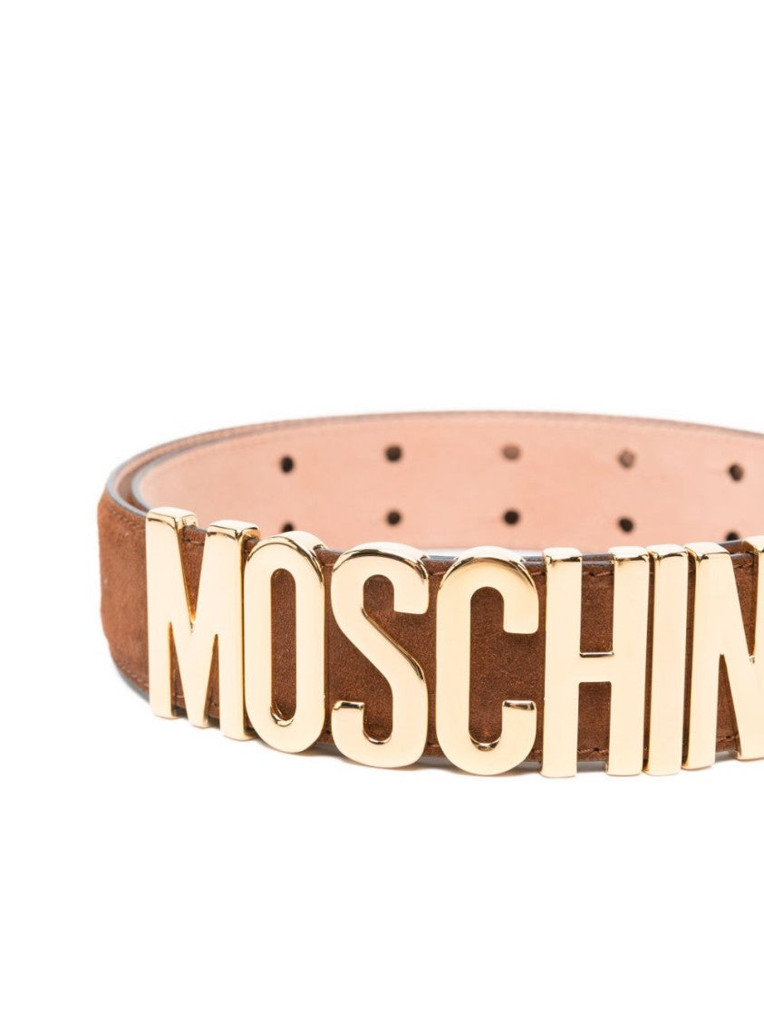 Moschino Suede-Textured Brown Belt With Gold-Tone Logo Buckle