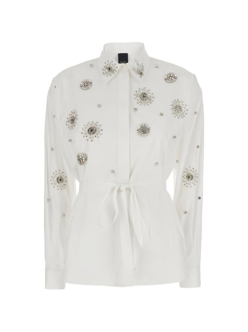 Pinko White Cotton Shirt With Floral Embellishments And Tie Belt