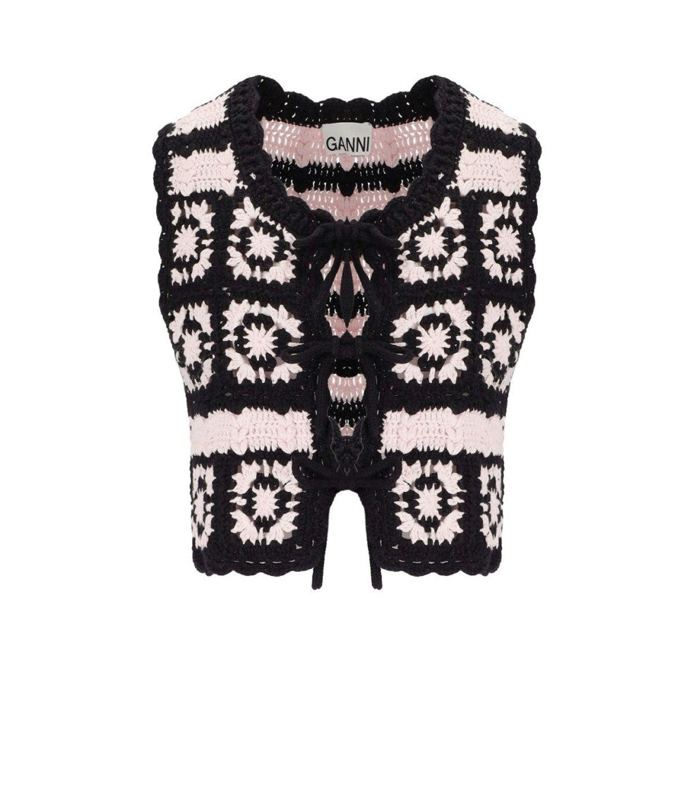 Ganni Black And Pink Crochet Vest