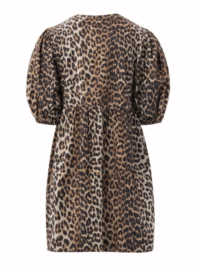 Ganni Leopard Print Voluminous Puff Sleeves Mini Dress