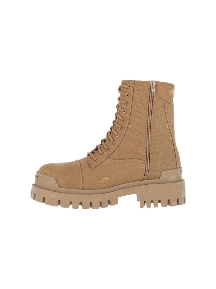 Balenciaga Distressed Cotton Combat Boots With Round Toe