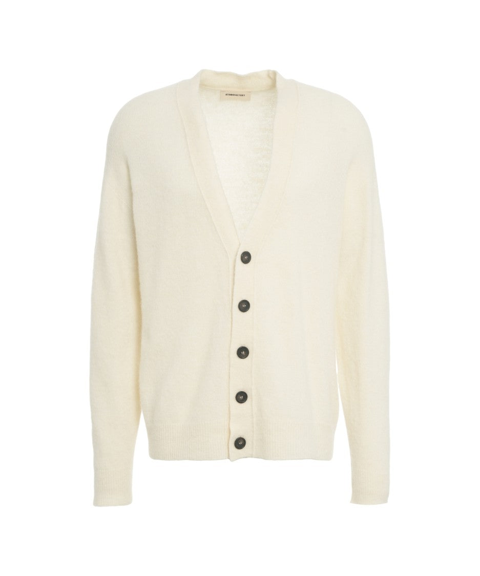 Atomo Factory White Virgin Wool Cardigan With Classic V-Neck And Button Closure