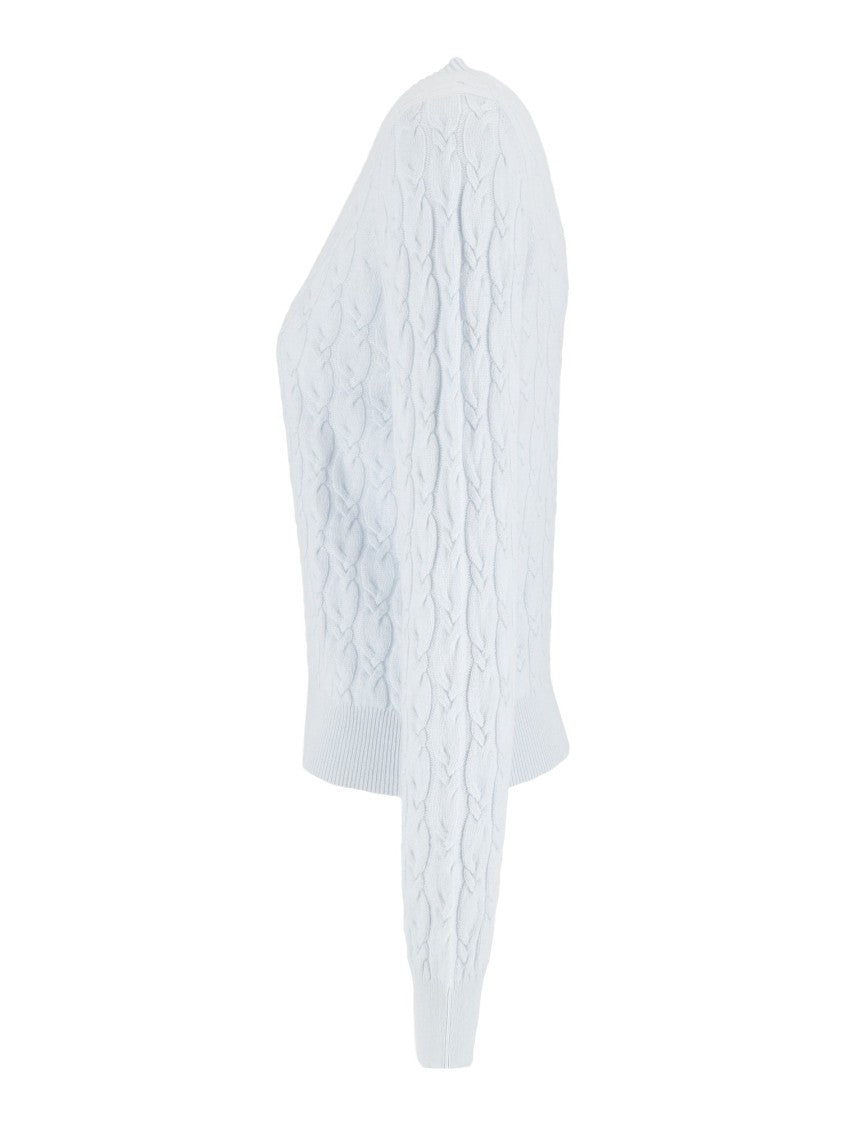Allude Light Blue Cable-Knit V-Neck Cashmere Sweater