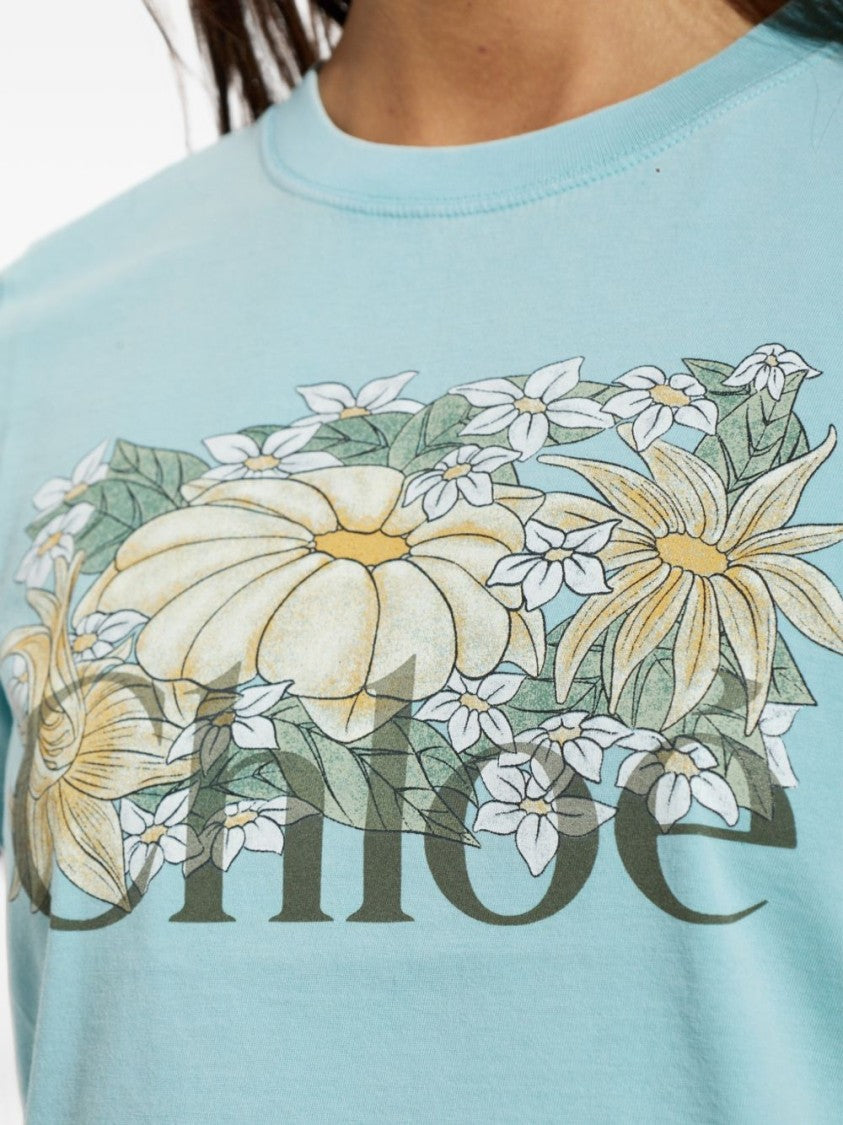 Chloé Light Blue Cotton Floral Graphic T-Shirt