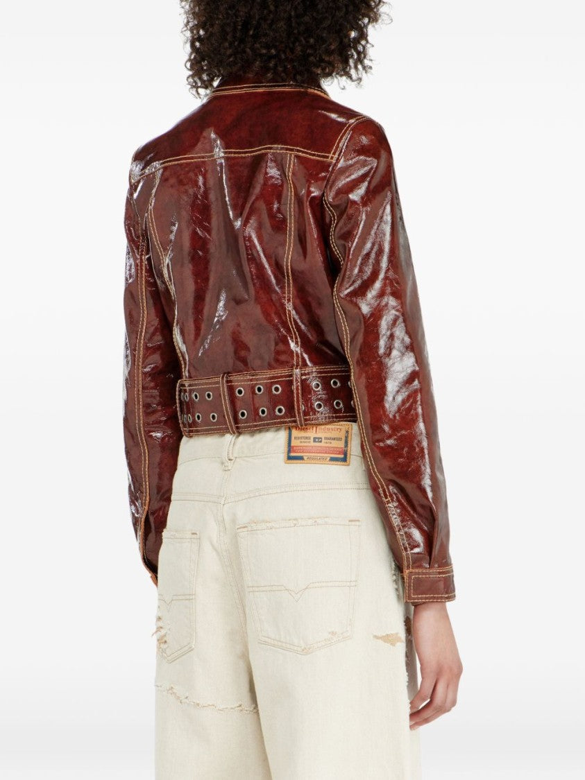 Diesel Cropped Brown Patent Leather Jacket With Double-Breasted Front