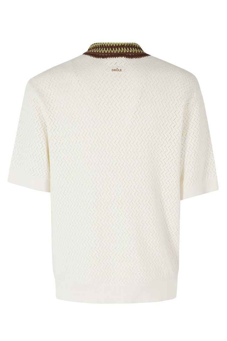 Drôle De Monsieur Cream Crochet Perforated Embroidered-Logo Cotton Polo Shirt