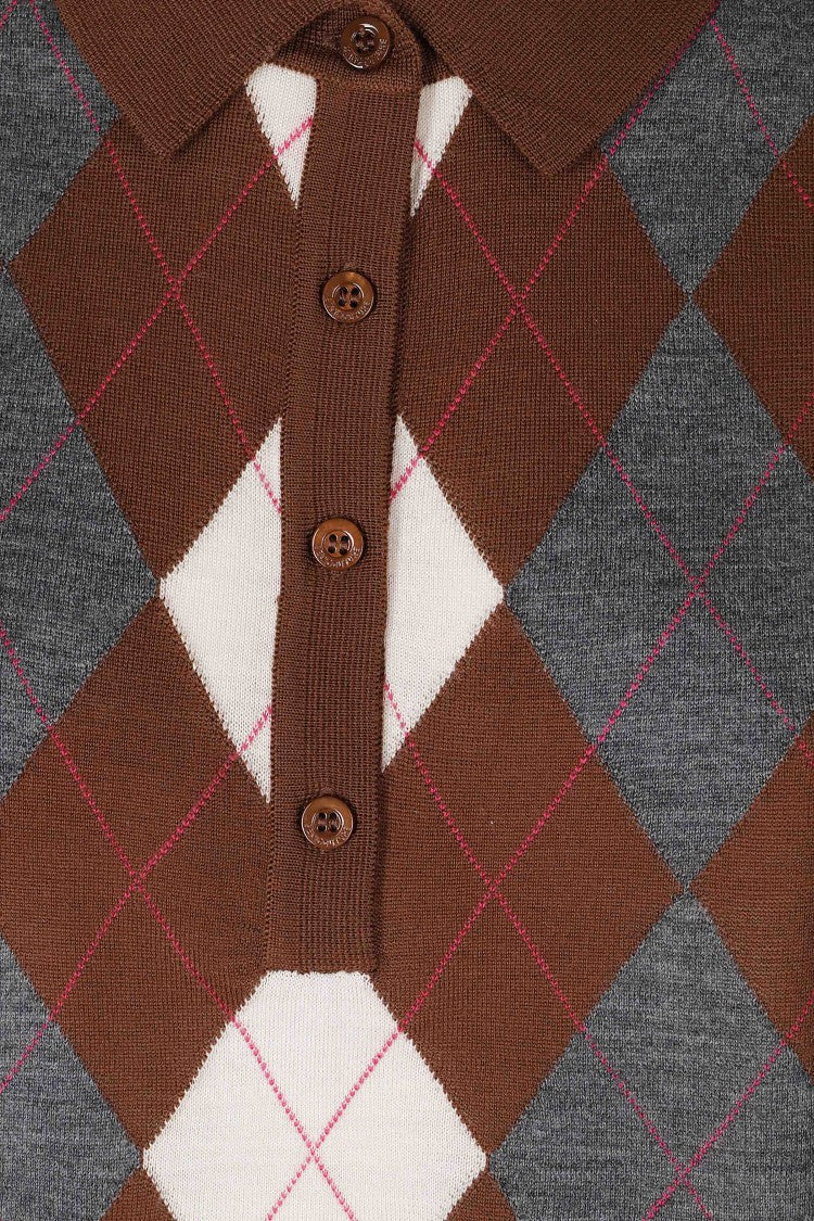 Semi Couture Polo Neck Sweater With Checkered Pattern And Button Closure