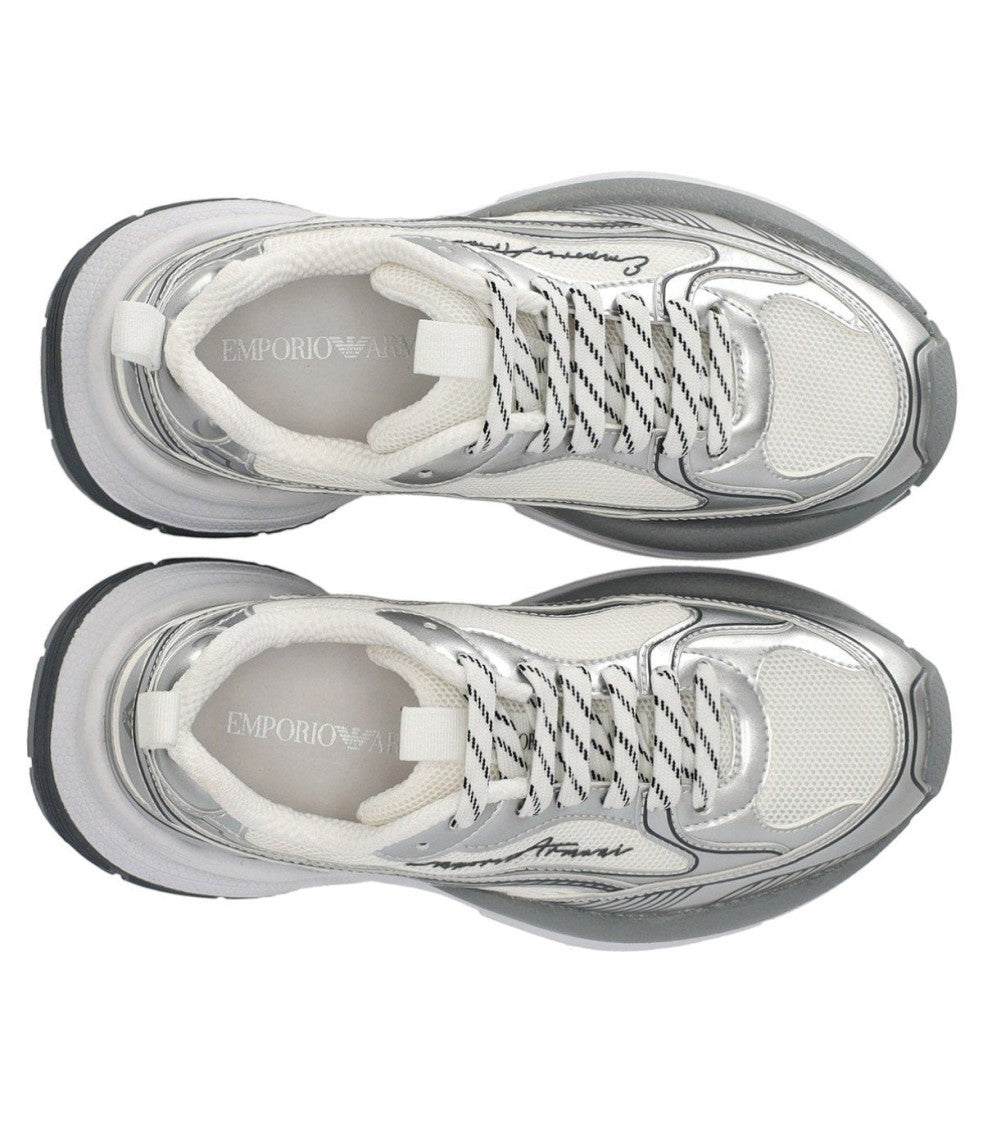 Emporio Armani Laminated Faux Leather And Mesh Silver Sneaker