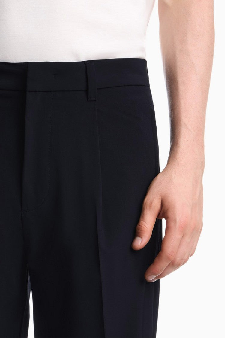 Emporio Armani Navy Pleated Tapered Viscose-Blend Pants