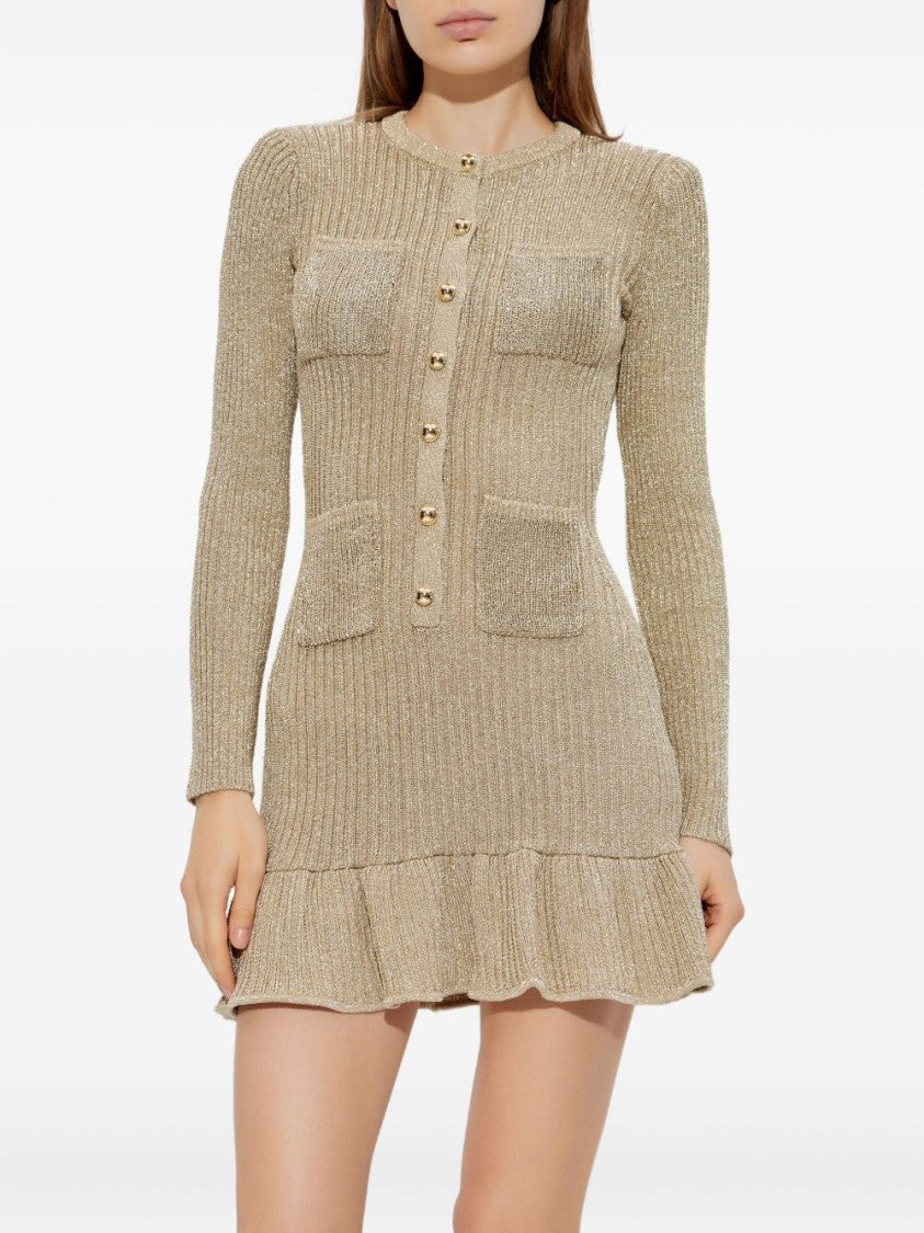 Self-Portrait Ribbed Gold Mini Dress With Button-Down Front