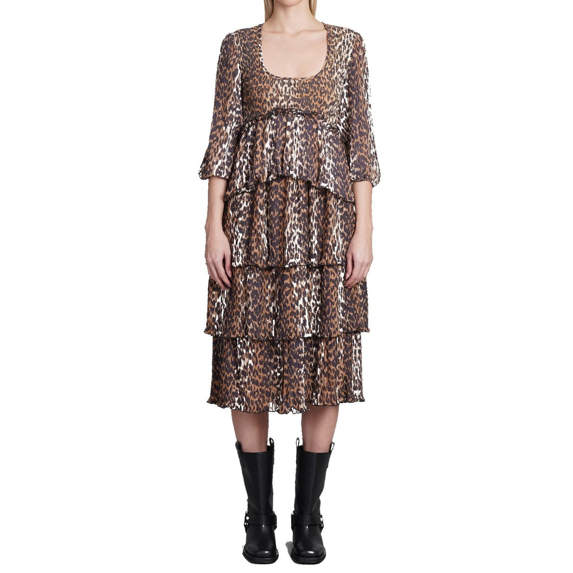 Ganni Pleated Georgette Leopard Midi Dress