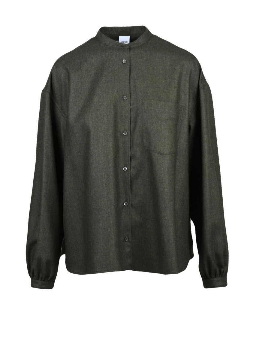 Aspesi Khaki Virgin Wool-Blend Mandarin Collar Shirt