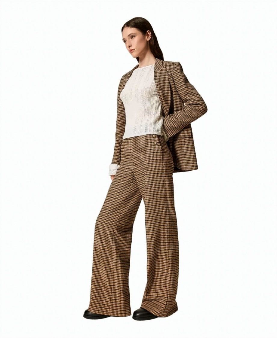 Twin-Set Check Wool-Blend Gold Button Straight-Leg Pants