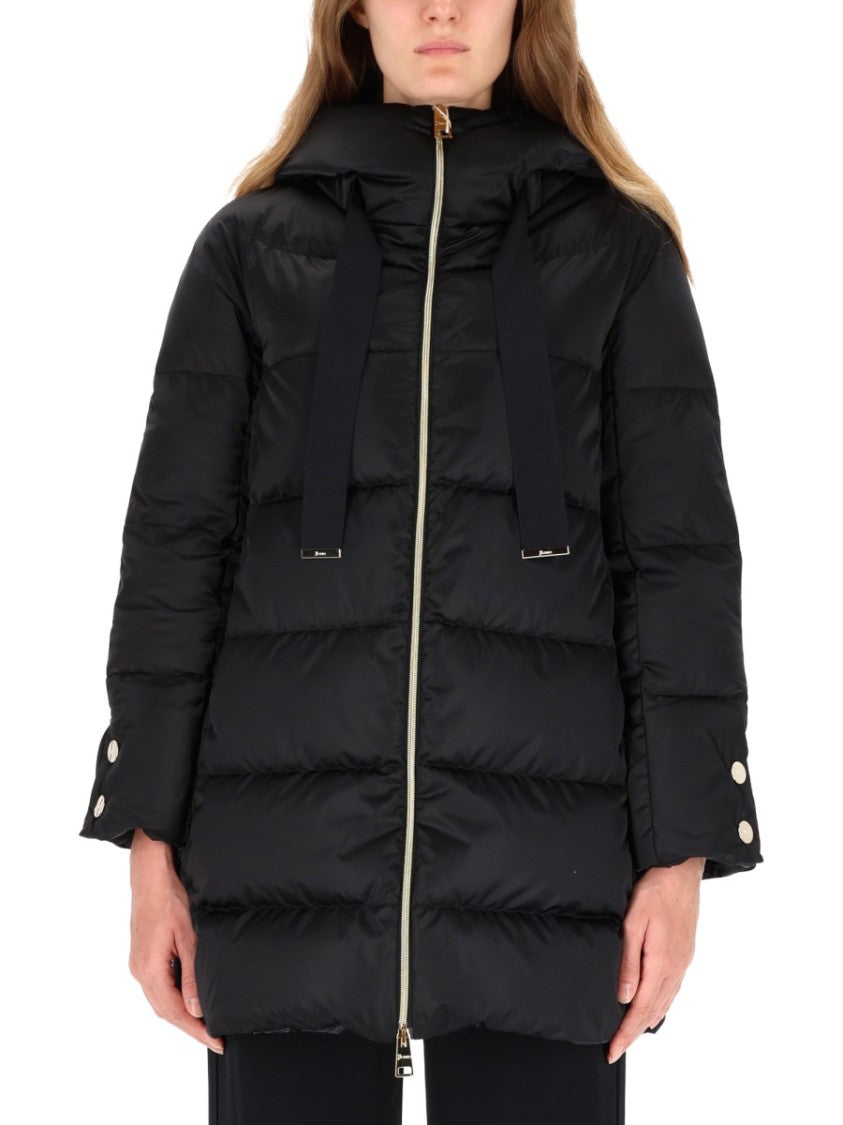 Herno Horizontal Quilted Black Puffer Coat With High Collar And Drawstrings