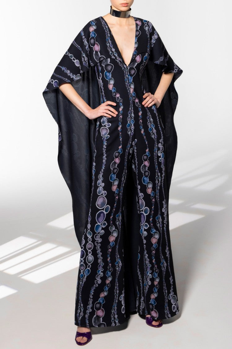 Saiid Kobeisy Multicolor Canton Crepe Cape Printed Jumpsuit