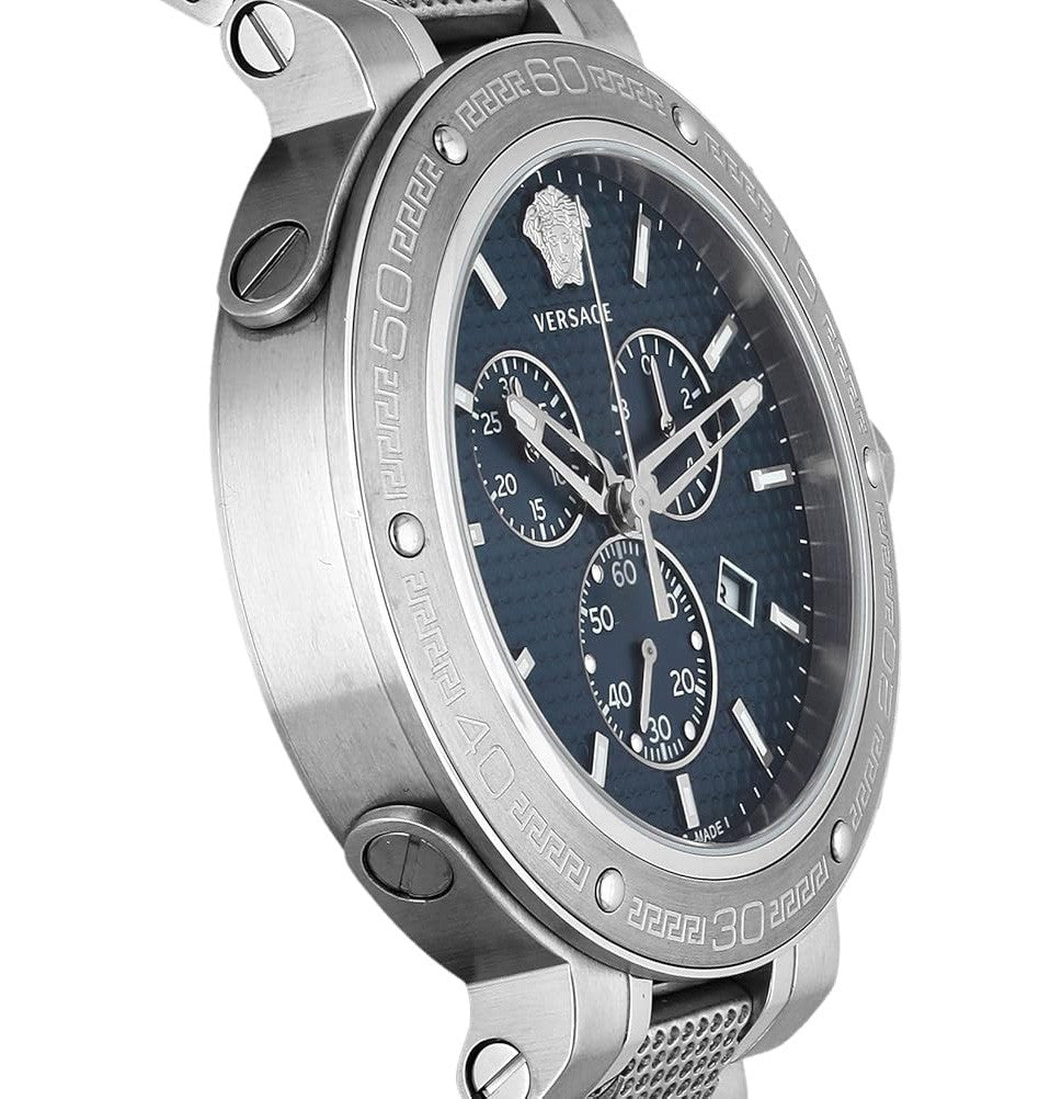 Versace Chronograph Timepiece With Blue Analog Dial And Stainless Steel Bracelet