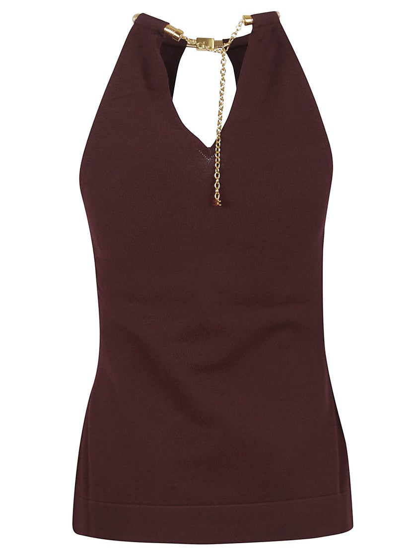 Elisabetta Franchi Fitted Knit Top With Deep Halterneck And Removable Snakeskin Necklace