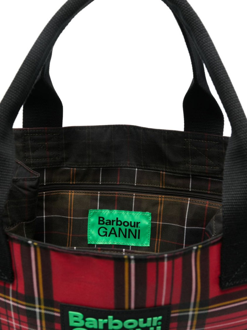 Ganni X Barbour Rectangular Tote Bag With Red Tartan Pattern And Logo Patch