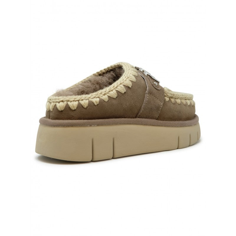 Mou Grey Bounce Metal Logo Leather Wool Rubber Clog