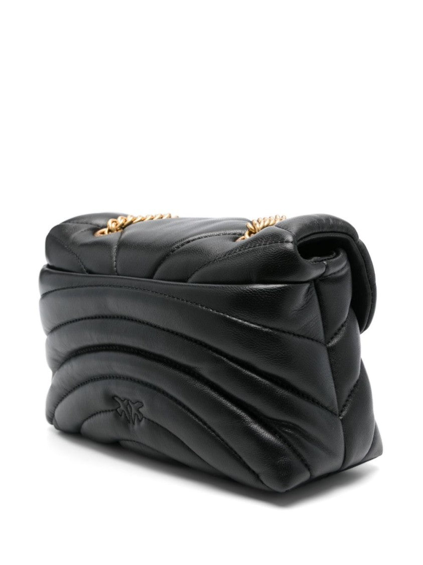 Pinko Black Sheepskin Quilted Foldover Shoulder Bag