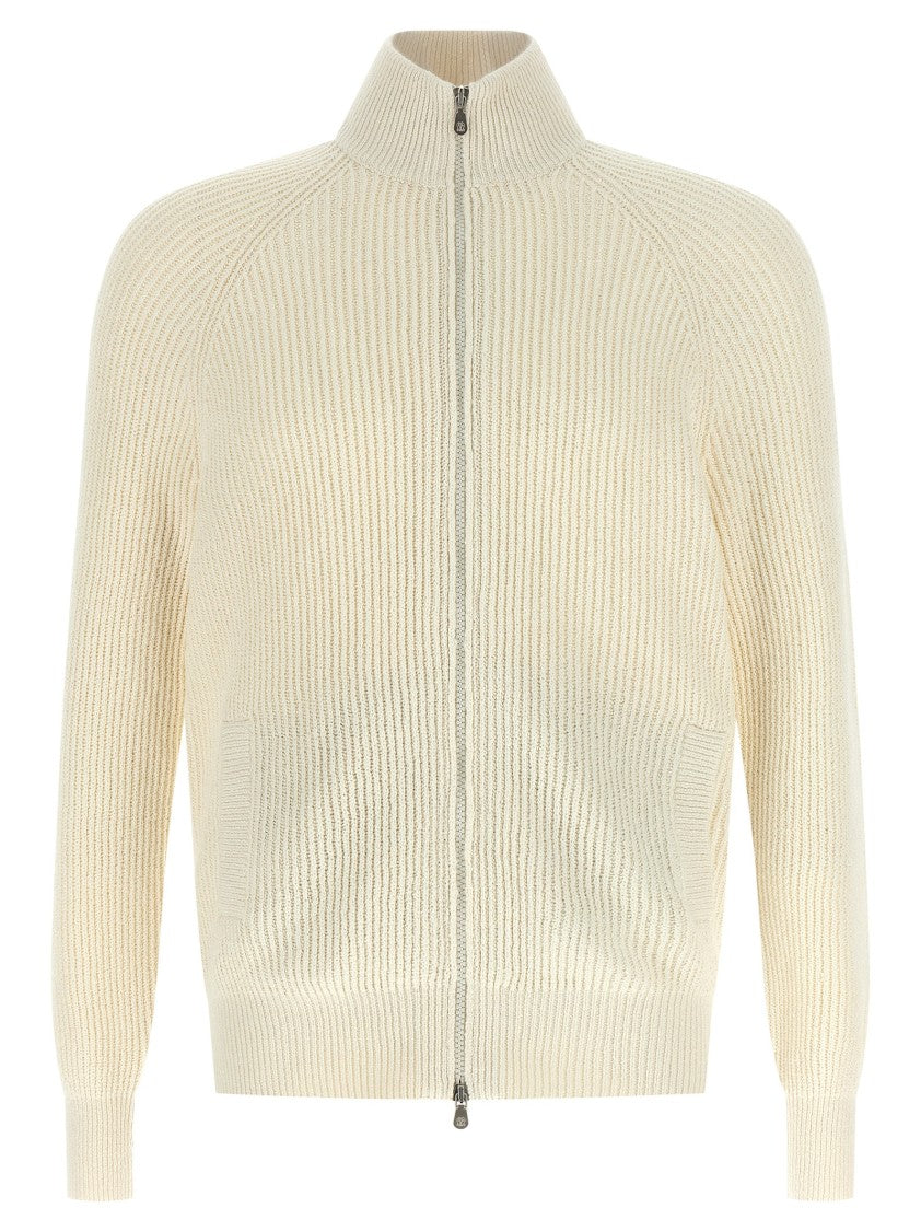 Brunello Cucinelli Half-Ribbed Cotton Gauze Zip Cardigan