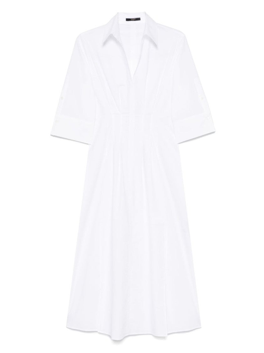 Seventy Pleated White Dress With Buttoned Cuffs And Side Slits