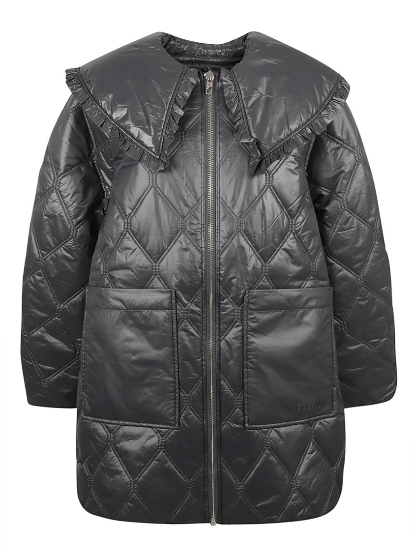Ganni Quilted Coat With Oversized Ruffled Collar